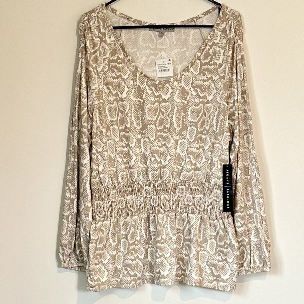 NWT Absolutely Famous Cinched Waist Taupe Animal Print Top - XL